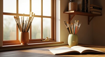 Art supplies including brushes and pencils in vases on a wooden desk next to a window with sunlight, with an open notebook in the foreground
