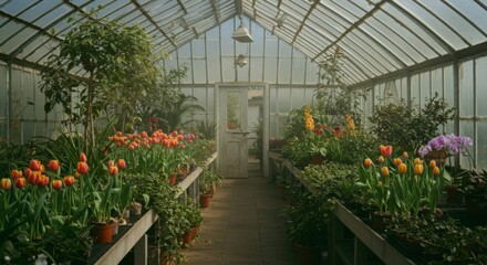 Colorful Flowers and Lush Greenery in a Greenhouse