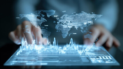 Person interacts with transparent digital interface displaying world map and data visualizations, symbolizing global connectivity and data analysis. scene conveys sense of innovation