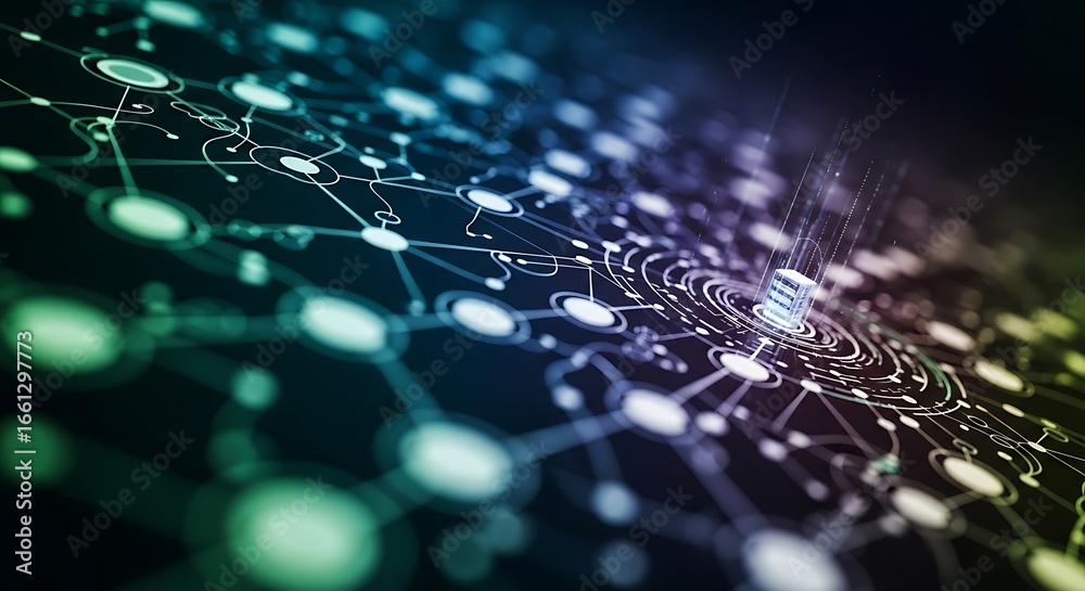 Wall mural dynamic digital network connecting glowing nodes and futuristic data streams with vibrant energy