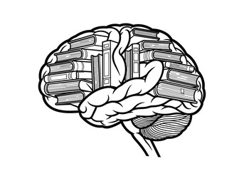 Brain filled with books, symbolizing knowledge, learning, and intellectual growth