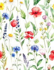 Fototapeta premium Watercolor floral pattern with various wildflowers