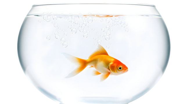 A goldfish swimming in a clear glass bowl with water and bubbles against a white background studio shot