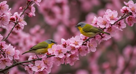 Two Small Yellow And Gray Birds Perched on Pink Cherry Blossoms