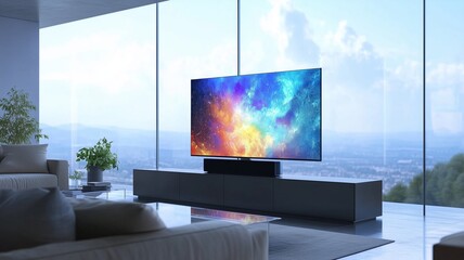 Fototapeta premium Modern living room with a vivid television display showcasing colorful cosmic imagery and a scenic view
