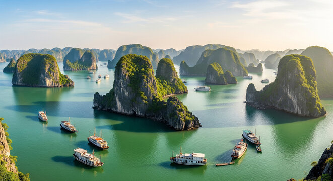 A stunning panoramic view of the iconic limestone karsts rising from the emerald green waters of Ha Long Bay, Vietnam. 