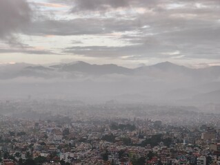 Aerial View of Kathmandu City in Nepal - Ancient World The Last Shangrila - Himalaya and Everest View from Kathmandu - Misty Mountains as Backdrop