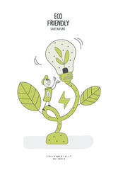 Vector hand drawn cartoon sketch of green energy and natural resource conservation. Volunteer people take care about planet ecology. Eco lamp, alternative energy sources.