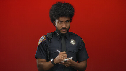 African american male police officer in uniform writing on a notepad against an isolated red...