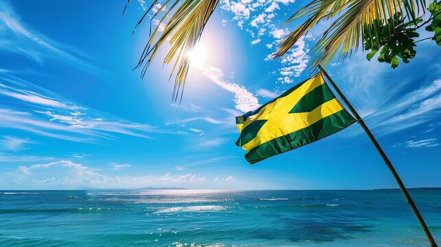 Vibrant Jamaican flag waves proudly over turquoise Caribbean sea under sunny blue skies with palm leaves
