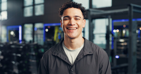 Happy man, portrait or fitness with instructor in gym for membership or facility service. Male person, associate or confident coach with smile for personal training, help or guidance in health club