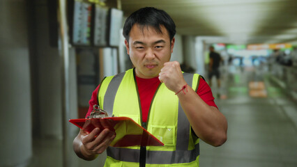 Man wearing safety vest holds clipboard while making a determined fist gesture in an indoor airport...
