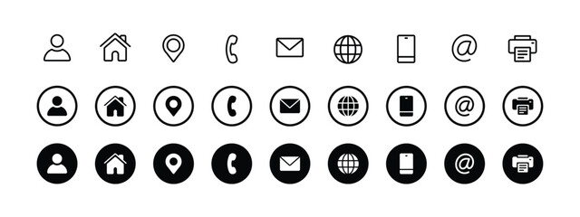 Contact Us Icons Set, Business Card Icons, Email, Phone, Location, Social Media, Web, Print, and Communication Icons, Vector Design