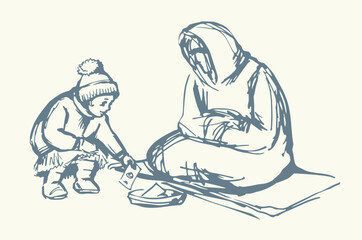 Vector Drawing. Girl Giving Alms to a Beggar