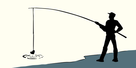 Vector drawing. Man catching fish