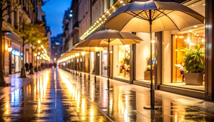 Fototapeta premium Umbrellas Line Wet City Street at Dusk Reflecting Warm Lights
