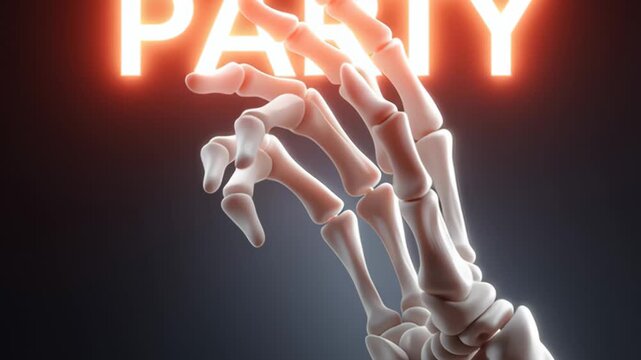 Halloween party flyer spooky skeleton hand glowing neon light dark background eerie celebration invitation festive atmosphere