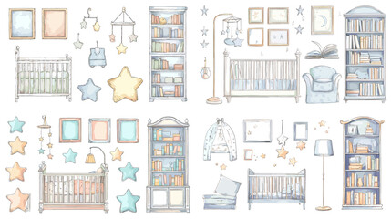 Watercolor illustration set of nursery furniture, cribs, bookshelves, stars, lamps, and baby room decorations. Ideal for parenting, childhood, and interior themes.