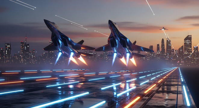 Two futuristic fighter jets taking off from a neon-lit runway with a city skyline at dusk.
