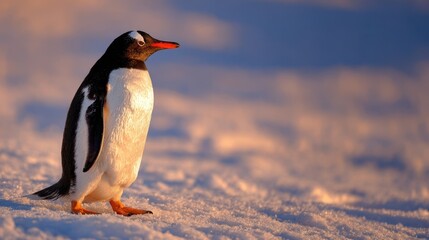 The majestic penguin standing on the snow in a beautiful Antarctic landscape