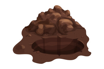 Soil pile, ground heap with hole design element. Organic farming garden compost, dirt. Gardening. Brown mud or turf, clay. 