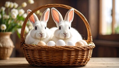 Two white rabbits sit in a wicker basket filled with pastel-colored eggs