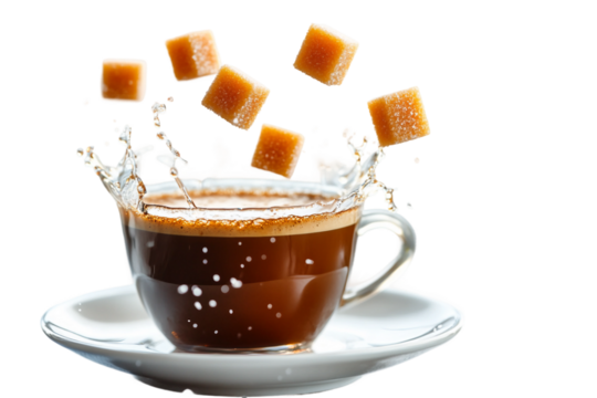 Close up of rich espresso and caramel sugar cubes isolated on transparent background