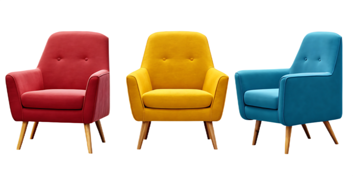 Three Colorful Armchairs Red Yellow and Blue on Background furniture interior isolated on a transparent background - Powered by Adobe