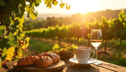 Vineyard Breakfast with Wine and Bread at Sunrise on Wooden Table