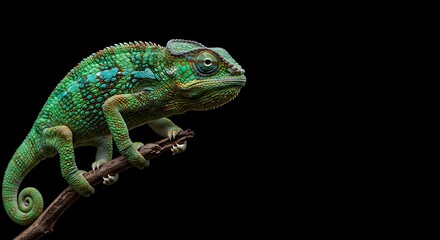 Fototapeta premium Vibrant Green Chameleon on Black Background Stunning Reptile Photography