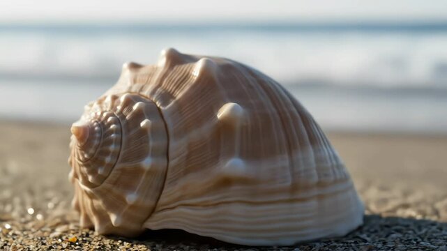 A close-up of a shell resting on sandy beach with ocean in background.