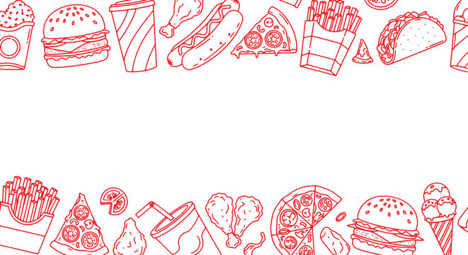 fast food border for menu design or restaurant branding, vector line art - Powered by Adobe