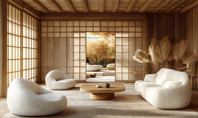 Modern minimalist living room interior design with natural light and neutral tones