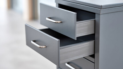 Open metal office cabinet drawers filled with stacked documents, featuring sleek silver handles and a clean, modern workplace background.