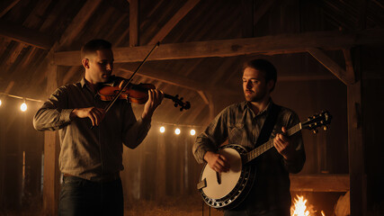 Two musicians playing banjo and fiddle under warm attic lights on wooden stage