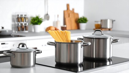 Stainless steel pots and pans on stovetop with pasta