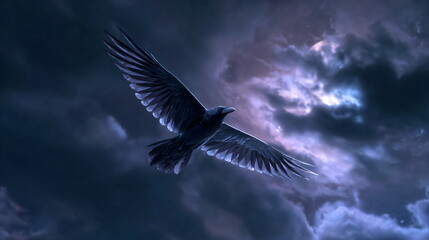 Fototapeta premium Ultra-Realistic Crow in Moody Night Sky – Cinematic Noir Atmosphere
