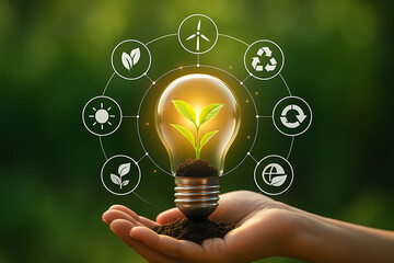 Hand holding light bulb with green plant and eco friendly icons around it