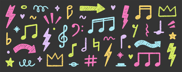 Crayon pencil musical notes doodle set. Punk rock chalk pencil elements in sketch style. Grunge texture. Hand drawn vector illustration isolated on black background.