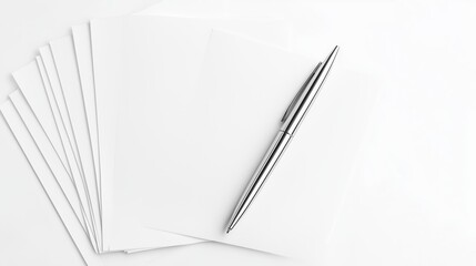 Naklejka premium Blank sheets and silver pen arranged neatly on a white surface for writing tasks or creative projects
