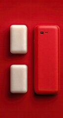 Red backdrop with two white bars of soap and a red phone