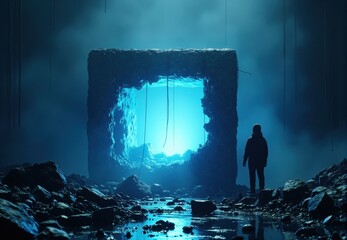 Human Figure Observing Luminescent Rock Formation