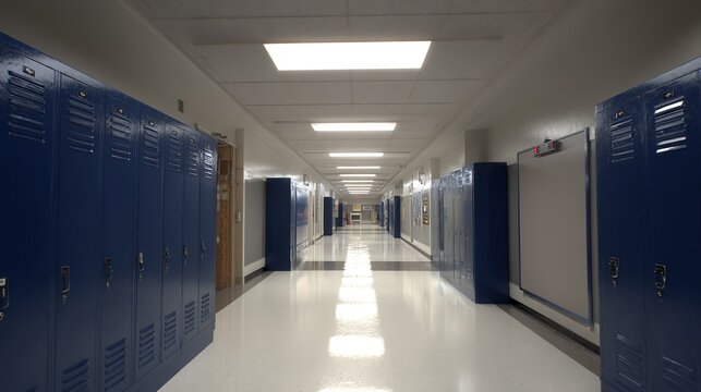 School Corridor: Dark Blue Lockers and Tidy Environment