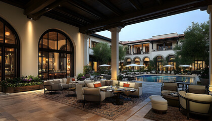 Luxury courtyard with pool and seating area elegant mediterranean design