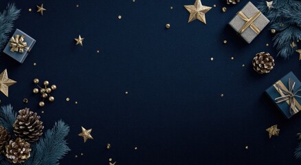 Festive Christmas arrangement on navy blue background.  Gold stars, pinecones, and small gift boxes decorate the borders of a dark navy blue surface, scattered with gold glitter
