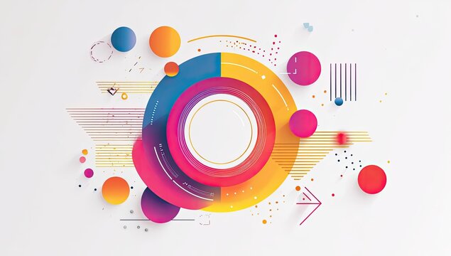 Abstract graphic design with concentric circles and vibrant colors, layered with geometric shapes