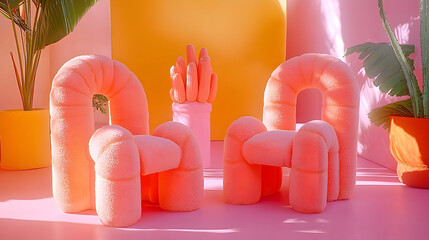 Pink plush chairs forming letters aha in vibrant setting
