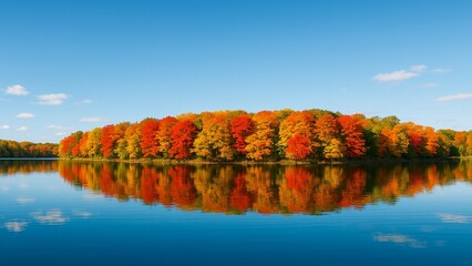 Colorful Autumn Trees and Blue Sky Reflected in Lake 
