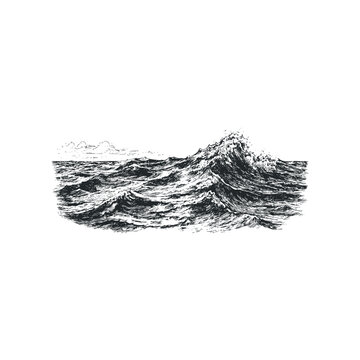 Detailed black and white sketch of turbulent ocean waves with cresting whitecaps and distant clouds