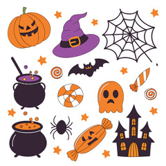 Collection of cute halloween icons including a pumpkin witch hat cauldron ghost bat and haunted house